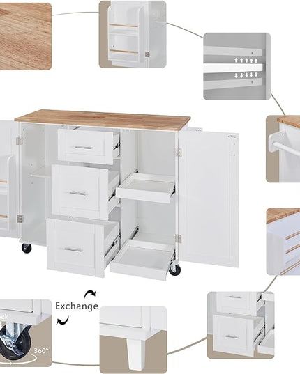 Kitchen Island with Storage, Spice Rack & Tower Rack, Mobile Rolling Kitchen-Cart on Wheels w/Rubber Wood Top, 3 Drawer, 2 Slide-Out Shelf and Internal Storage Rack - LeafyLoom