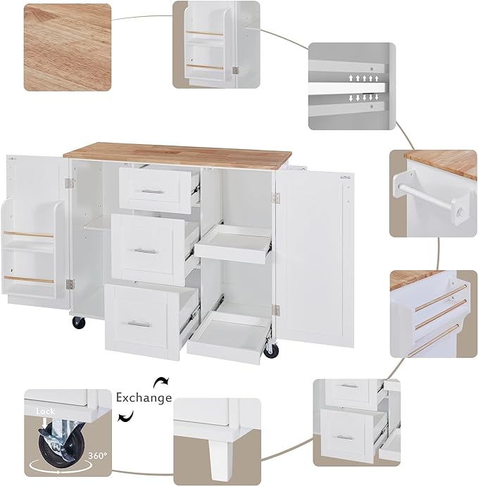 Kitchen Island with Storage, Spice Rack & Tower Rack, Mobile Rolling Kitchen-Cart on Wheels w/Rubber Wood Top, 3 Drawer, 2 Slide-Out Shelf and Internal Storage Rack - LeafyLoom