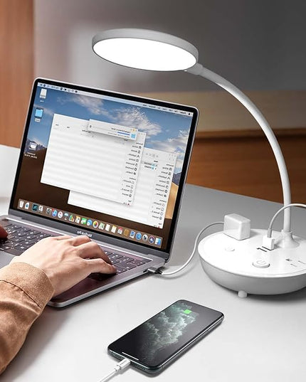 Desk Lamp Small Table Lamp for Bedside Lamp Bedroom Desk Light with Dual USB Charging Port and AC Outlet Office Reading Light Adjustable Gooseneck Working White LED Reading Lamp for Home Office - LeafyLoom