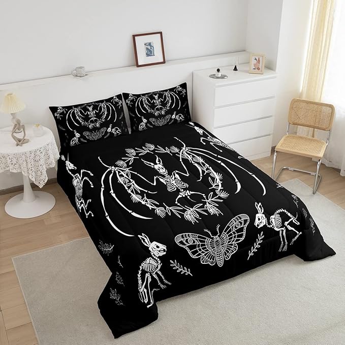 Feelyou Skull Comforter Set Bat Skeleton Comforter Boho Moth Gothic Skull Bedding Set for Kids Boys Girls Adults Halloween Themed Duvet Set Soft Horror Room Decor King Size Quilt Boys - LeafyLoom