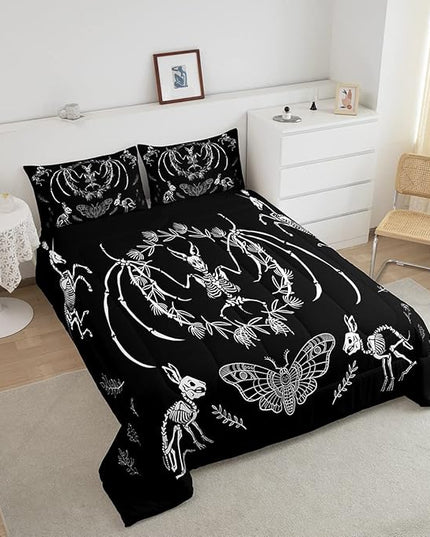 Feelyou Skull Comforter Set Bat Skeleton Comforter Boho Moth Gothic Skull Bedding Set for Kids Boys Girls Adults Halloween Themed Duvet Set Ultra Soft Horror Room Decor Queen Size Quilt Set - LeafyLoom