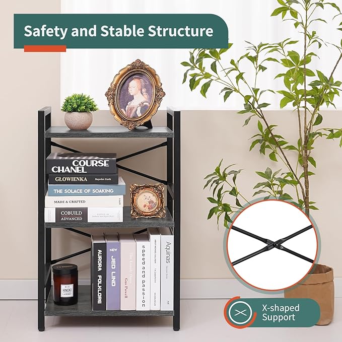 Yoobure Bookshelf Small Book Shelf, Solid Industrial 3 Tier Shelf Bookcase, Short Book Case for Bedroom, Living Room, Office Home, Small Spaces, Charcoal Gray - LeafyLoom