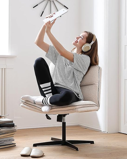 EMIAH Armless Office Desk Chair No Wheels Faux Fur Vanity Mid-Back Ergonomic Home Computer Comfortable Adjustable Swivel Furry Task Chair with Thickened Cushion - LeafyLoom