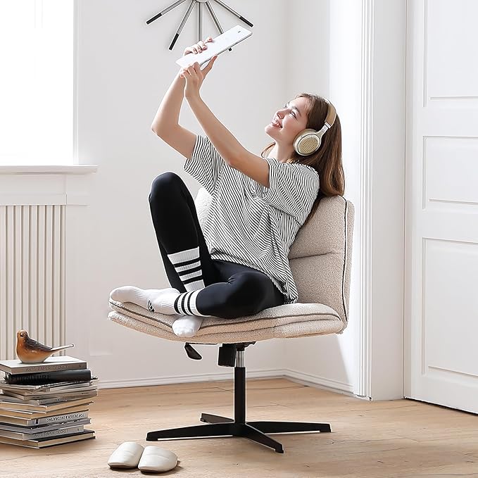 EMIAH Armless Office Desk Chair No Wheels Faux Fur Vanity Mid-Back Ergonomic Home Computer Comfortable Adjustable Swivel Furry Task Chair with Thickened Cushion - LeafyLoom