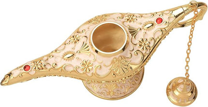 Classic Aladding Magic Genie Lamp Legend Wishing Light Costume Lamp Metal Carved Cone Incense Burner for Home Tabletop Decoration Party Birthday Halloween Christmas(Beige) - LeafyLoom