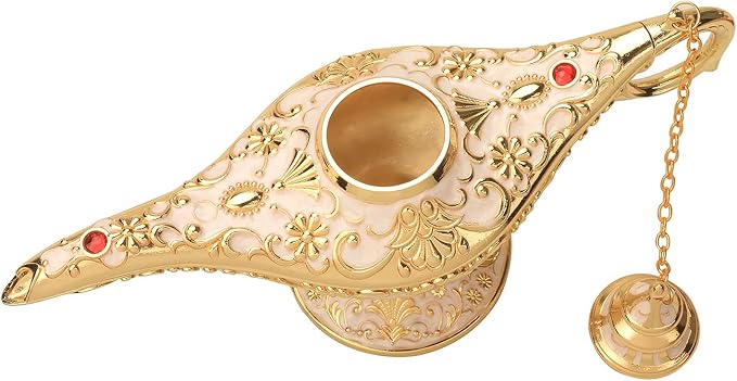 Classic Aladding Magic Genie Lamp Legend Wishing Light Costume Lamp Metal Carved Cone Incense Burner for Home Tabletop Decoration Party Birthday Halloween Christmas(Beige) - LeafyLoom