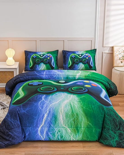 Meeting Story Gamer Gaming Bedding Sets Red Blue Lightnings Gamepad Comforter Set for Boys Games Console Action Buttons Novelty Colorful Modern Room Decor Home Quilt Set (Blue-Green, Queen) - LeafyLoom