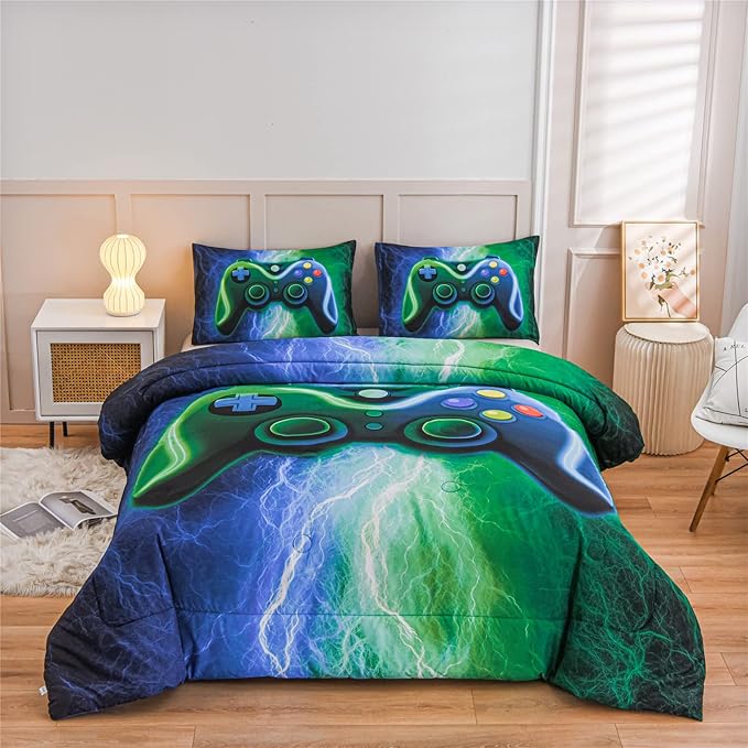 Meeting Story Gamer Gaming Bedding Sets Red Blue Lightnings Gamepad Comforter Set for Boys Games Console Action Buttons Novelty Colorful Modern Room Decor Home Quilt Set (Blue-Green, Queen) - LeafyLoom