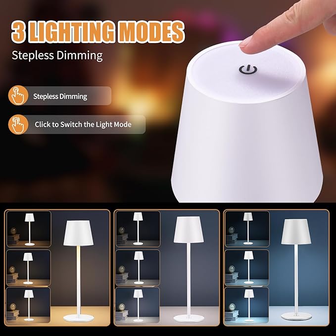 Cordless Table Lamps USB Rechargeable Simplicity Desk Lamp Built-in 4600 mAh Battery LED Battery Operated lamp with Touch Control Table lamp - Bedroom/Desk/Reading/Patio(White) - LeafyLoom