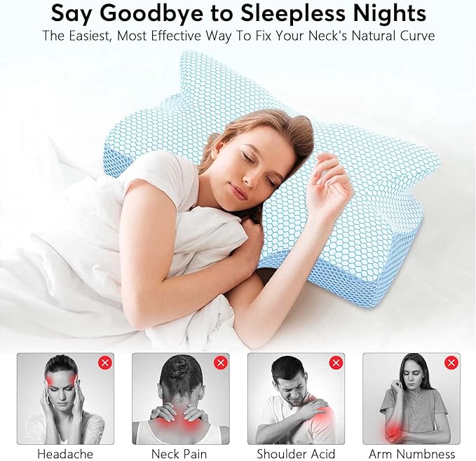 Anvo Cervical Neck Pillow for Neck and Shoulder Pain - Memory Foam Neck Pillows for Pain Relief Sleeping, Side Sleeper Pillow, Contour Orthopedic Firm Pillow for Back Stomach Sleeper - Blue - LeafyLoom