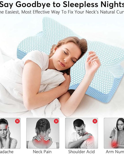 Anvo Cervical Pillow for Neck Pain Relief - Pillow for Neck and Shoulder Pain - Neck Pillows for Pain Relief Sleeping- Memory Foam Side Sleeper Pillow- Contour Orthopedic Pillow - Blue, Soft - LeafyLoom
