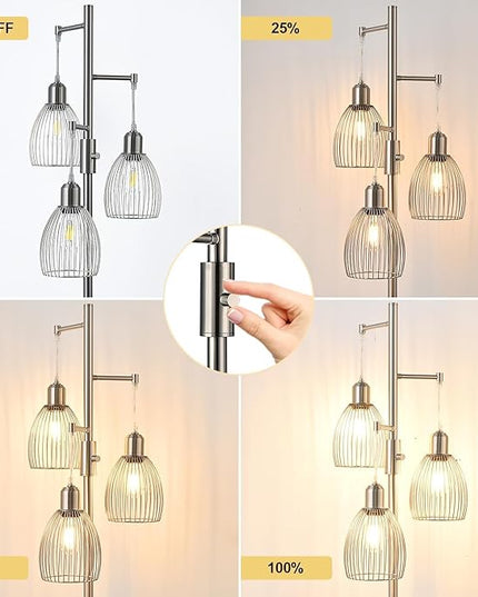 Dimmable Floor Lamp, Industrial Floor Lamps for Living Room, Brushed Nickel Tree Lamp Standing Lamp Tall Lamps with 3 Elegant Teardrop Cage Head & 800 Lumens LED Bulbs for Living Room Bedroom Office - LeafyLoom