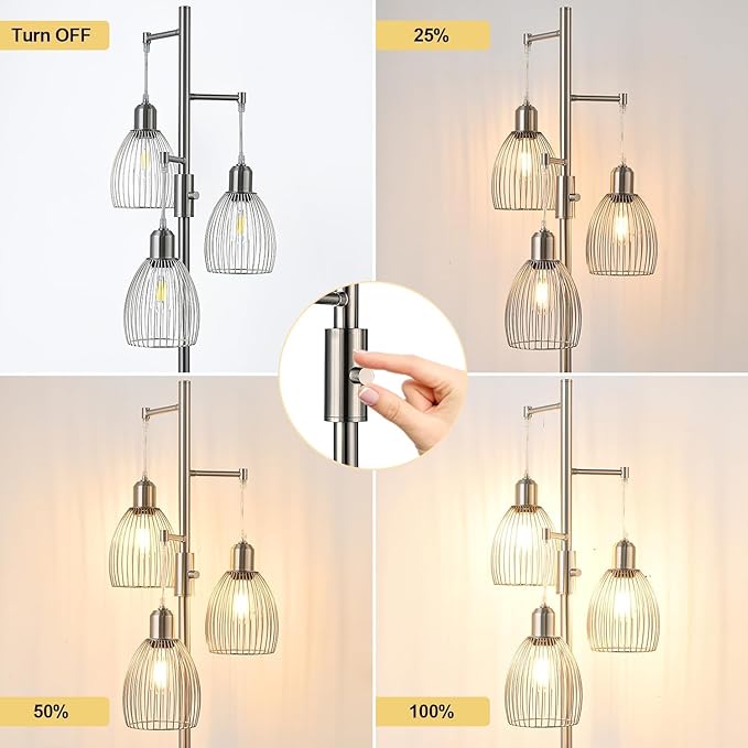 Dimmable Floor Lamp, Industrial Floor Lamps for Living Room, Brushed Nickel Tree Lamp Standing Lamp Tall Lamps with 3 Elegant Teardrop Cage Head & 800 Lumens LED Bulbs for Living Room Bedroom Office - LeafyLoom