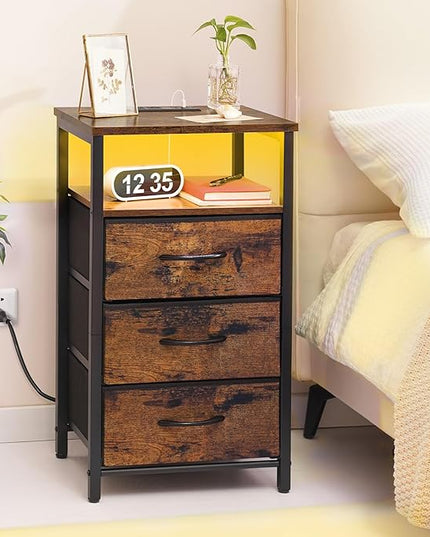 Yoobure Night Stand with Charging Station, 16 Colors LED Nightstand with USB Ports and Outlets, End Table with 3 Fabric Drawers and Storage Shelf, Bedside Tables Small Dresser for Small Space Brown - LeafyLoom