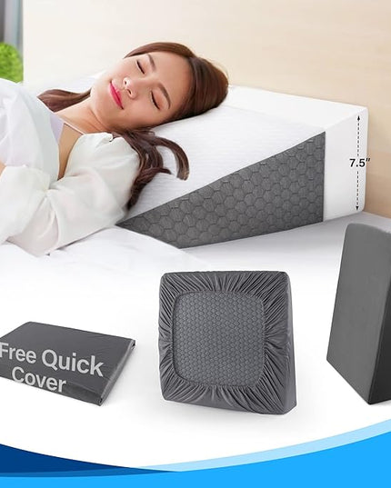 Bed Wedge Pillow RS21 + Free Aditional Quic Cover – for Acid Reflux Surgery Heartburn Gerd Reading Anti Snore - Triangle Support Pillow for Sleeping and Pain Relief - LeafyLoom