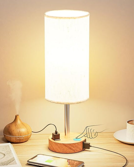 Bedside Table Lamp for Bedroom - 3 Way Dimmable Touch Lamp USB C Charging Ports and AC Outlet, Small Lamp Wood Base Round Flaxen Fabric Shade for Living Room, Desk, LED Bulb Included - LeafyLoom