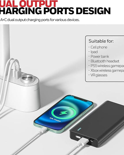 Honeywell LED Desk Lamp with USB Charging Ports - Sunturalux™ HWT-H01 Stepless Dimmable Eye Caring Table Lamp for College Dorm Home Office, Foldable Small Bedside Lamp for Bedroom with Base White - LeafyLoom