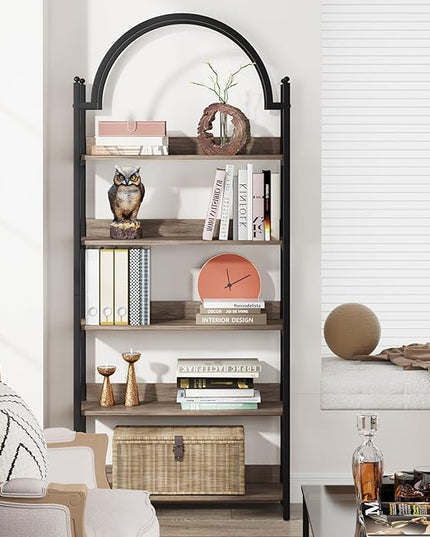Tribesigns 5-shelf Arched Bookcase, 72 inch Tall Rustic Wood Shelf with Black Metal Frame, Industrial Freestanding Open Bookshelf for Bedroom, Living Room,Small Spaces (2, Oak+Black) - LeafyLoom