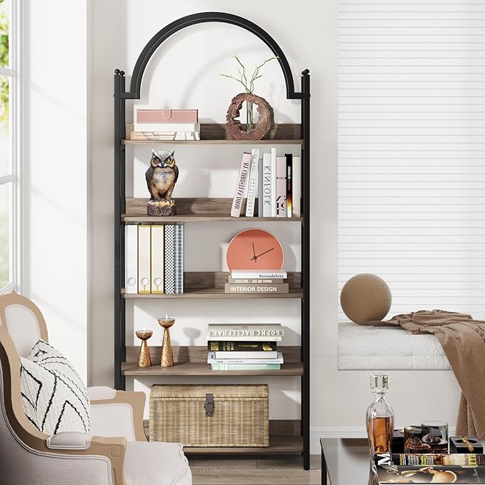 Tribesigns 5-shelf Arched Bookcase, 72 inch Tall Rustic Wood Shelf with Black Metal Frame, Industrial Freestanding Open Bookshelf for Bedroom, Living Room,Small Spaces (2, Oak+Black) - LeafyLoom