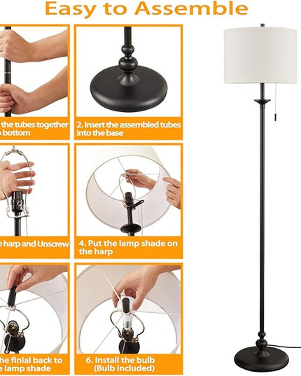 Luvkczc Modern Floor Lamp, 60" Standing Lamp for Living Room with Fabric Lamp Shade&Pull Chain, Corner Tall Reading Light for Bedroom, Office, Dining Room, Farmhouse (bulb included) Black - LeafyLoom