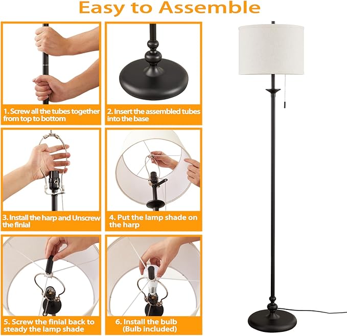 Luvkczc Modern Floor Lamp, 60" Standing Lamp for Living Room with Fabric Lamp Shade&Pull Chain, Corner Tall Reading Light for Bedroom, Office, Dining Room, Farmhouse (bulb included) Black - LeafyLoom