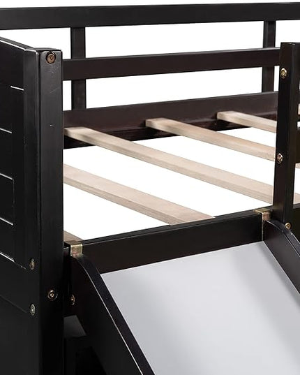 Twin Size Loft Bed with Slide and Storage Cabinets, Low Loft Bed Frame with Shelves for Kids and Teens, Wooden Loft Beds for Bedroom Guestroom, No Box Spring Needed, Espresso - LeafyLoom