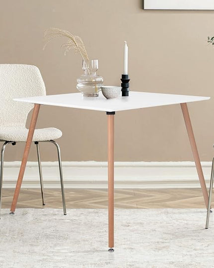 Square Dining Table 31.5 Inch for 2-4 People, Modern Functional White Table with Wooden Legs for Home Office Kitchen Dining Room Patio Small Spaces - LeafyLoom