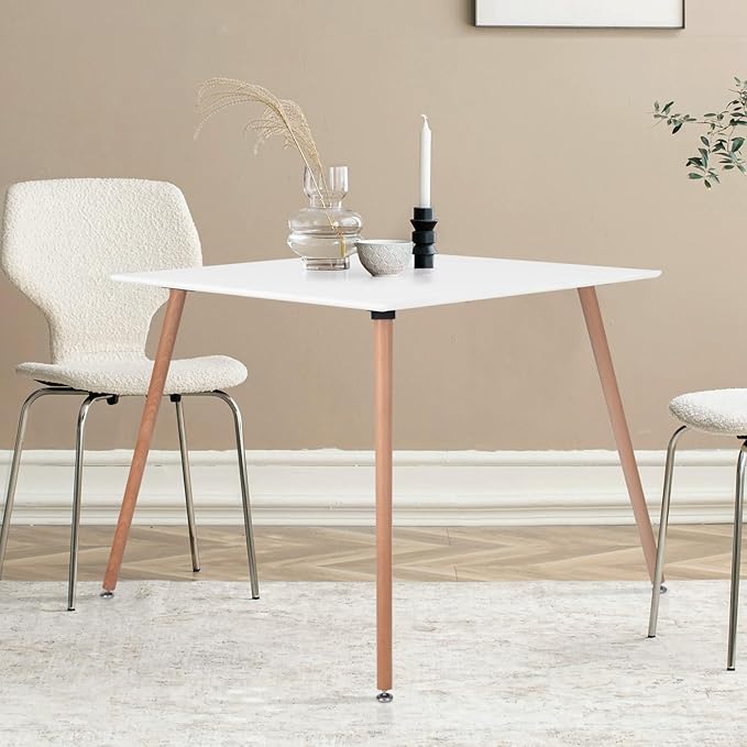 Square Dining Table 31.5 Inch for 2-4 People, Modern Functional White Table with Wooden Legs for Home Office Kitchen Dining Room Patio Small Spaces - LeafyLoom