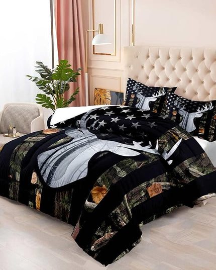 LUVIVIHOME 3PCS Deer Hunting Comforter Set King Size, Camo Bed Set Patriotic Black American Flag Bedding, Forest Animal Wildlife Country Lodge Rustic Farmhouse Cabin Camouflage Quilt, 2 Pillow Shams - LeafyLoom