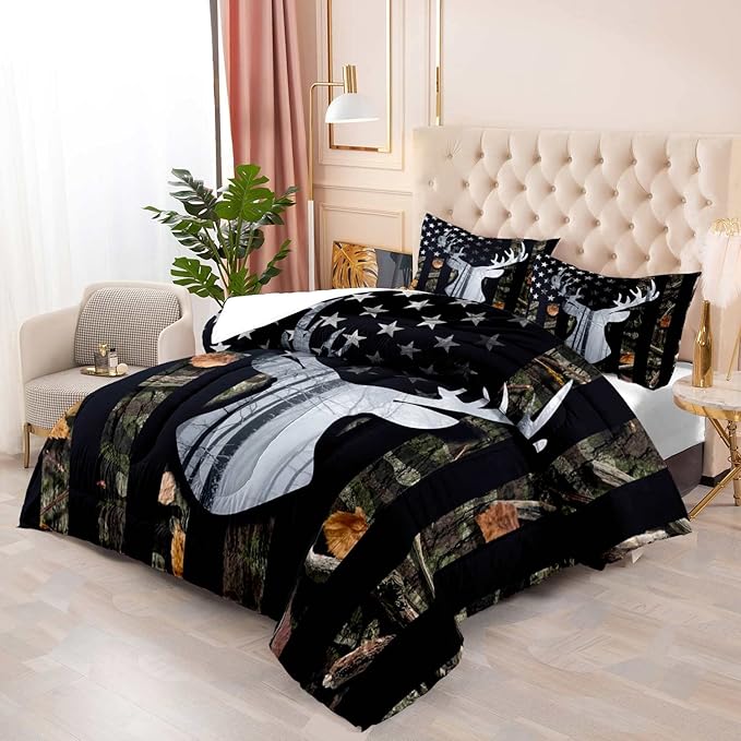 LUVIVIHOME 3PCS Deer Hunting Comforter Set King Size, Camo Bed Set Patriotic Black American Flag Bedding, Forest Animal Wildlife Country Lodge Rustic Farmhouse Cabin Camouflage Quilt, 2 Pillow Shams - LeafyLoom