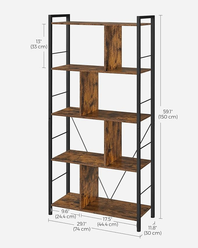 VASAGLE Bookshelf, 5-Tier Bookcase, Storage Shelving Unit, Display Shelf with Open Compartments for Living Room Home Office, Bedroom, Industrial, 11.8" D x 29.1" W x 59.1" H, Rustic Brown + Black - LeafyLoom