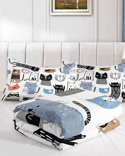 CVHOUSE Cat Bedding,Cartoon Cat Comforter King,Animals Print Comforter Set for Kids,Kawaii Quilt Set with 1 Comforter and 2 Pillow Cases - LeafyLoom