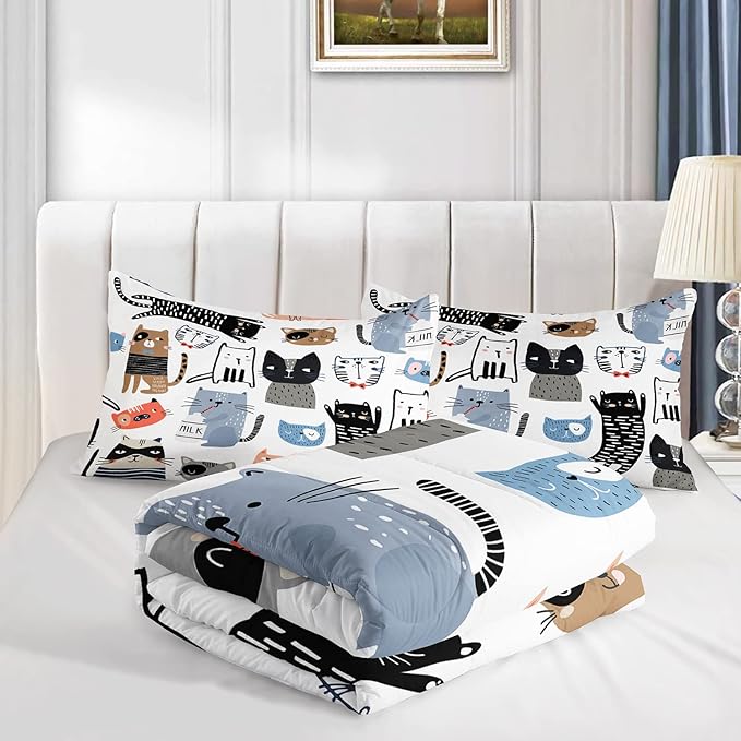 CVHOUSE Cat Bedding,Cartoon Cat Comforter King,Animals Print Comforter Set for Kids,Kawaii Quilt Set with 1 Comforter and 2 Pillow Cases - LeafyLoom