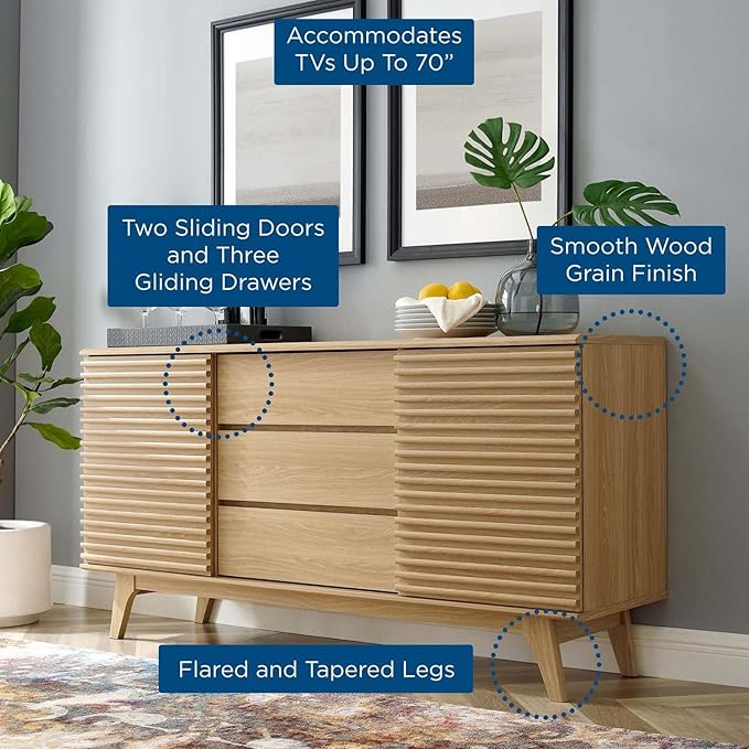 Modway Render 63" Mid-Century Modern Sideboard Buffet Table or TV Stand in Oak - LeafyLoom