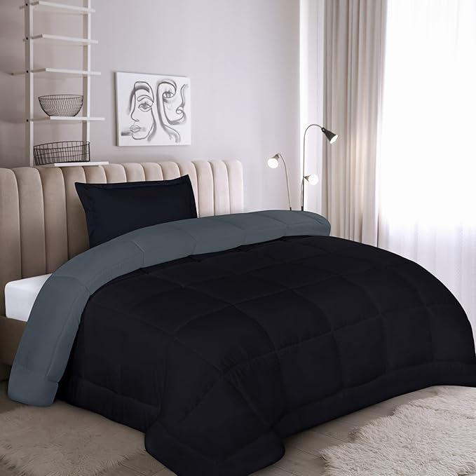 Utopia Bedding Twin Comforter Set Kids with 1 Pillow Sham, Bedding Comforter Sets, Down Alternative Reversible Black/Grey Comforter, Soft and Comfortable, Machine Washable - LeafyLoom
