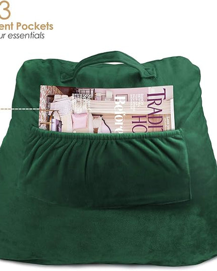 Clara Clark Reading Pillow for Kids, Small Back Pillow for Sitting Up in Bed, Memory Foam Back Support Pillow, Reading Pillows for Sitting in Bed, Dark Green Gaming Pillow with Arms and Pockets - LeafyLoom
