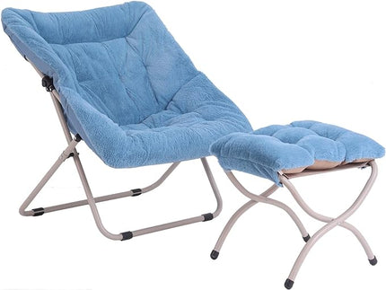 Tiita Saucer Chair with Ottoman, Soft Faux Fur Oversized Folding Accent Chair,Lounge Lazy Chair, Metal Frame Moon Chair for Bedroom, Living Room, Dorm Rooms, Garden and Courtyard - LeafyLoom