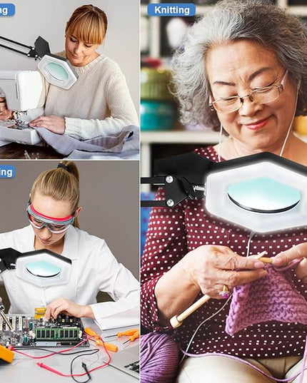 Magnifying Glass with Light and Stand, Dimmable LED Magnifier Desk Lamp with Clamp, 3 Color Modes, Hands Free Magnifying Lights for Close Work, Repair, Swing Arm Magnifying Work Light with Base - LeafyLoom