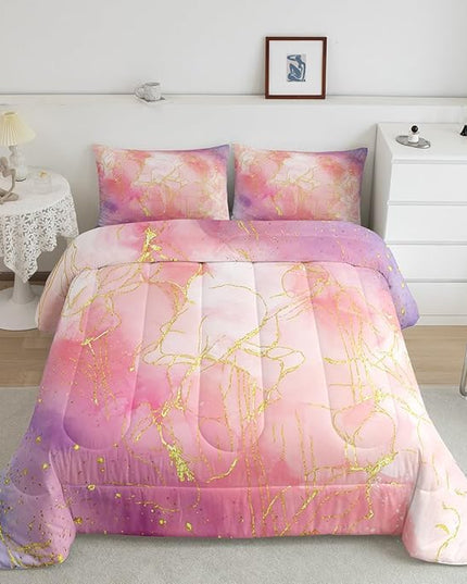 Pink Marble Bedding Comforter Sets Full Size, Tie Dye Marble Decor Comforter Set for Boys Girls Women Bedroom, Gold Bronzing Marble Bedding Pink Purple Modern Abstract Quilt with 2 Pillowcases - LeafyLoom