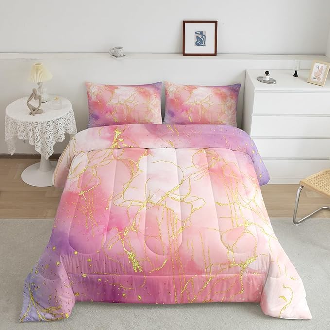 Pink Marble Bedding Comforter Sets Full Size, Tie Dye Marble Decor Comforter Set for Boys Girls Women Bedroom, Gold Bronzing Marble Bedding Pink Purple Modern Abstract Quilt with 2 Pillowcases - LeafyLoom