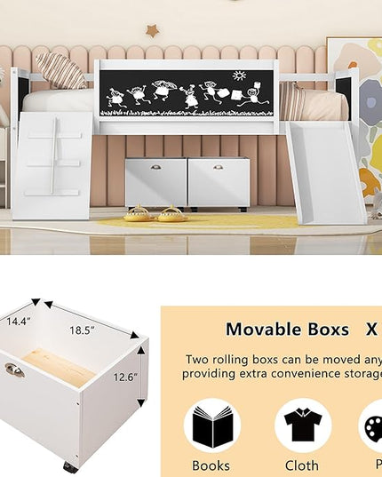 Twin Size Low Loft Bed with Slide and 2 Storage Boxes,Kids Low Loft Bed Frame with Climbing and Chalkboard,Solid Loft Bed Twin for Boys,Girls,White - LeafyLoom