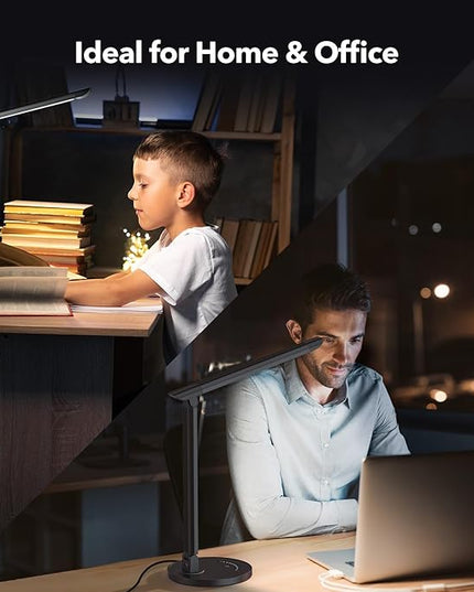 LED Desk Lamp, Metal Desk Light 12W 550lm, Dimmable Touch Control Lamp with USB Charging Port, Eye-Caring Desk Light with 5 Color Modes with 7 Brightness Levels, for Home, Office, School, Black - LeafyLoom