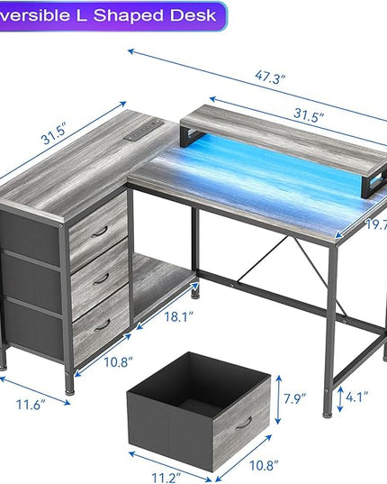 L Shaped Desk with Power Outlets & LED Lights, Computer Desk with Drawers & Shelves, Corner Desk Gaming Desk Home Office Desk, Oak - LeafyLoom