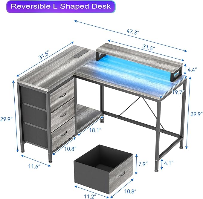 L Shaped Desk with Power Outlets & LED Lights, Computer Desk with Drawers & Shelves, Corner Desk Gaming Desk Home Office Desk, Oak - LeafyLoom