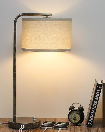 USB Bedside Lamp, Industrial Side Table Lamp with Dual USB Charging Ports, Fully Dimmable Nightstand Lamp, Tall Reading Lamp Desk Lamp for Bedroom, Living Room, Office, 9W LED Bulb Included - LeafyLoom