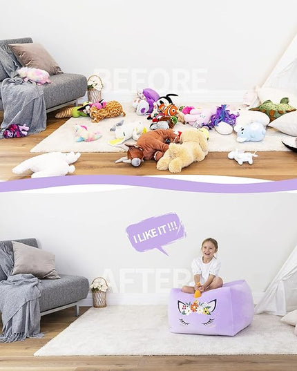 Aubliss Unicorn Stuffed Animal Storage Bean Bag Chair for Kids, Velvet Extra Soft Beanbag Chairs Cover, X-Large Stuffable Zipper Bean Bag for Organizing Plush Toys Girls Bedroom Decor, Purple Floral - LeafyLoom