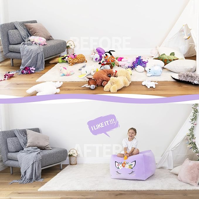Aubliss Unicorn Stuffed Animal Storage Bean Bag Chair for Kids, Velvet Extra Soft Beanbag Chairs Cover, X-Large Stuffable Zipper Bean Bag for Organizing Plush Toys Girls Bedroom Decor, Purple Floral - LeafyLoom