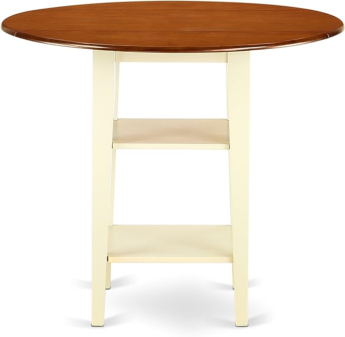 East West Furniture SUKE5H-BMK-W Sudbury 5 Piece Kitchen Counter Height Dining Set Includes a Round Table with Dropleaf & Shelves and 4 Wooden Chairs, 42x42 Inch - LeafyLoom