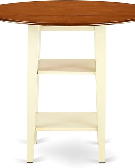 East West Furniture SUKE3H-BMK-W Sudbury 3 Piece Kitchen Counter Height Set Contains a Round Wooden Table with Dropleaf & Shelves and 2 Dining Chairs, 42x42 Inch - LeafyLoom