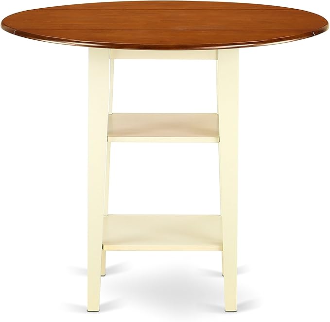 East West Furniture SUKE3H-BMK-W Sudbury 3 Piece Kitchen Counter Height Set Contains a Round Wooden Table with Dropleaf & Shelves and 2 Dining Chairs, 42x42 Inch - LeafyLoom